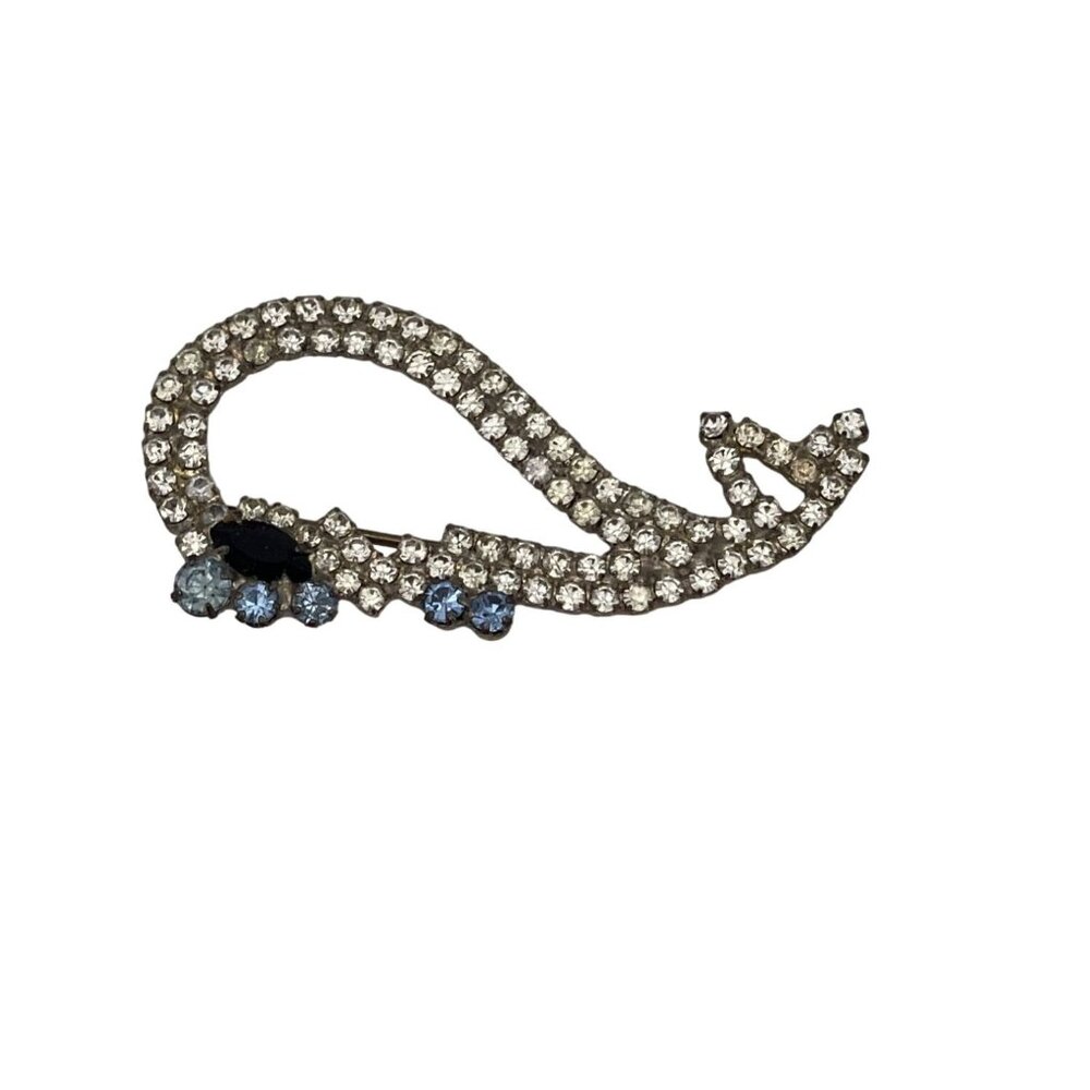 Vintage 2" Whale Brooch Clear Blue Rhinestones